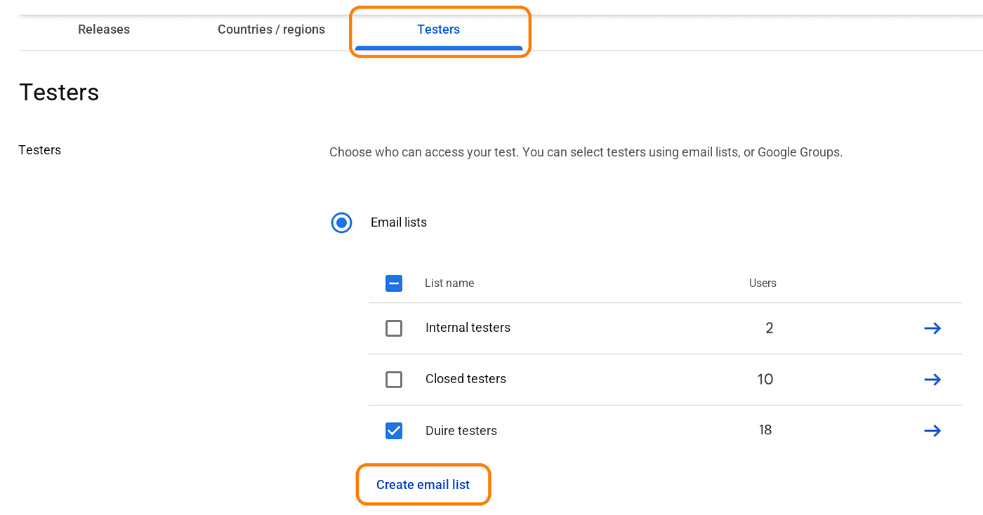 Tab Penguji dan Buat daftar email di jalur pengujian tertutup Play Console