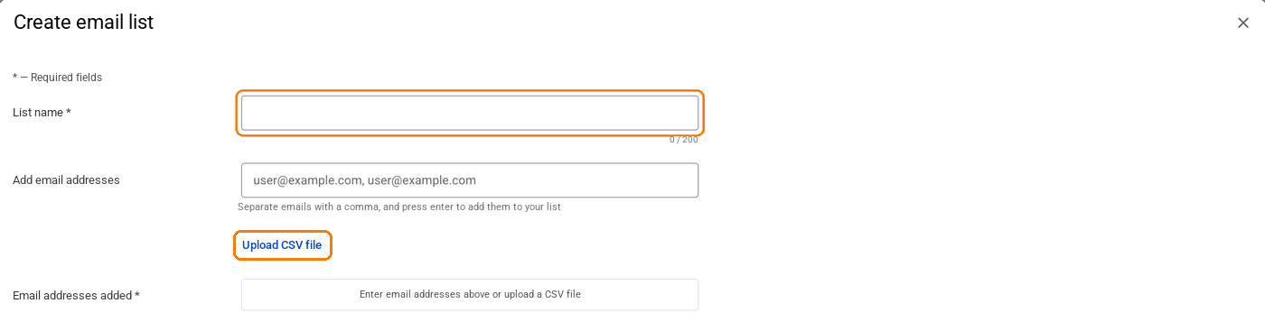 Navn på liste og Upload CSV-fil i vinduet til at oprette en mailingliste i Play Console