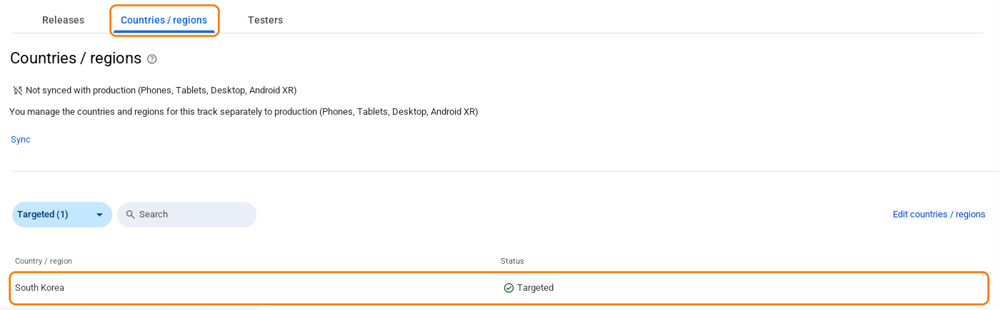 Tab Negara/wilayah di jalur pengujian tertutup Play Console